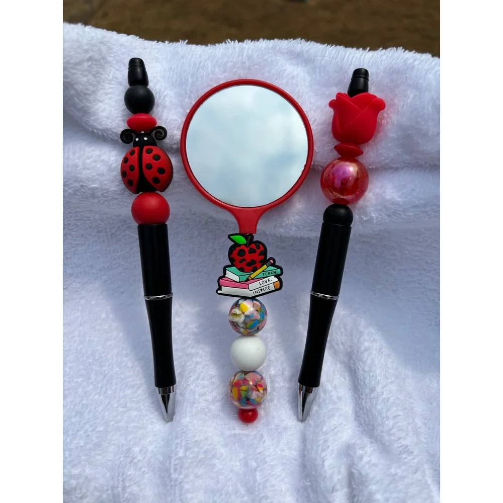 Ladybug Rose Beaded Pen and Mirror Set Red Black Teacher Gift 3 Piece